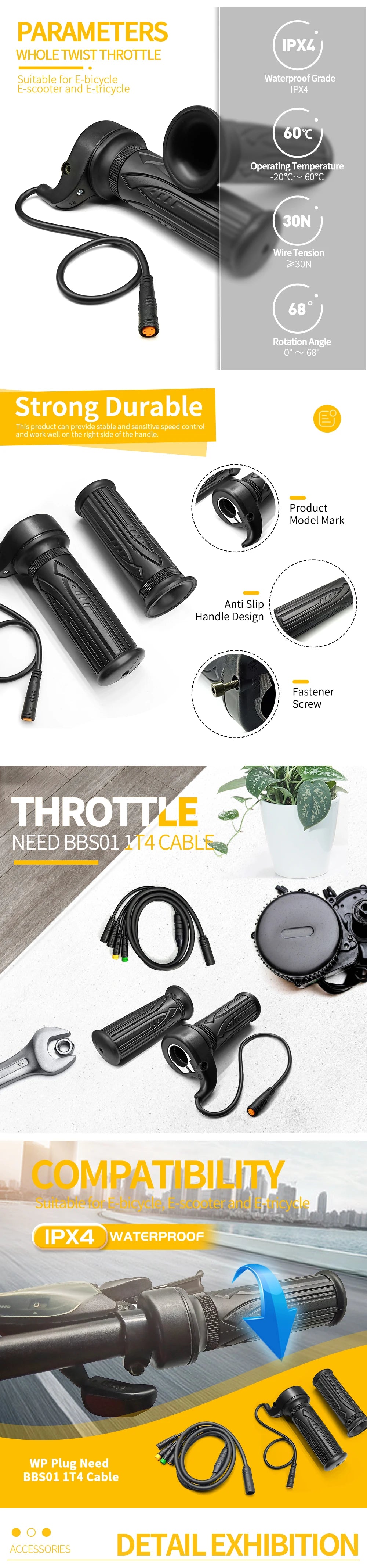 Ebike Twist 8FUN Throttle for BAFANG BBS01 BBS02 BBSHD Mid Drive Motor with 3pin Female Waterproof Connector Ebike Full Twist