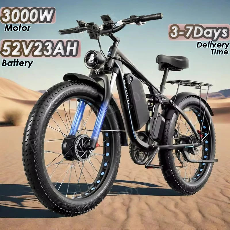 E-Bike E8Pro electric bicycle 3000W for adults 52V 23AH mountain cycle battery Ebike 26inch large tires with dual engine basket