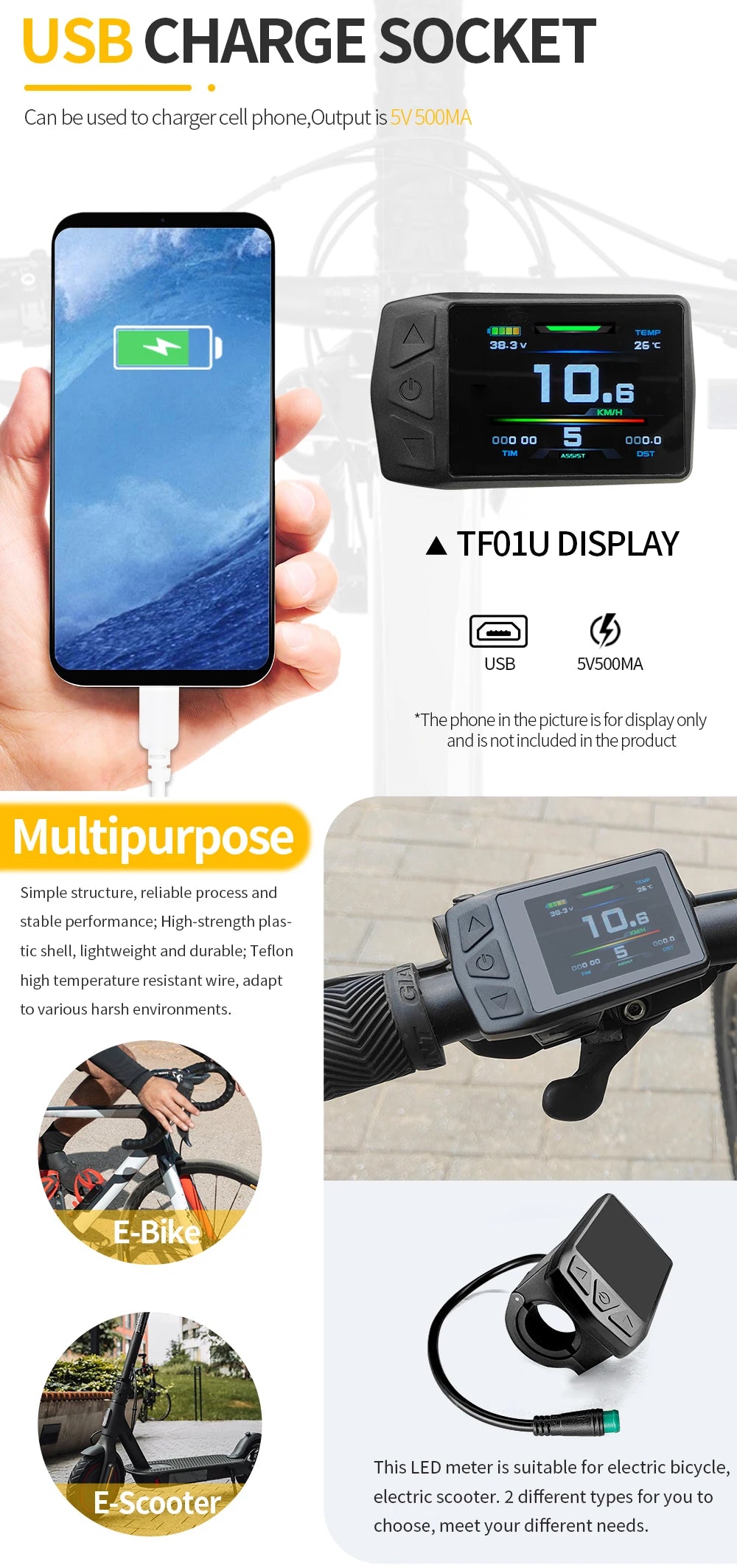 Ebike KT-TF01U(with USB) Display for Bike Conversion Kit Compatible Voltage 24V 36V 48V with 5 Pins Waterproof/SM Plug