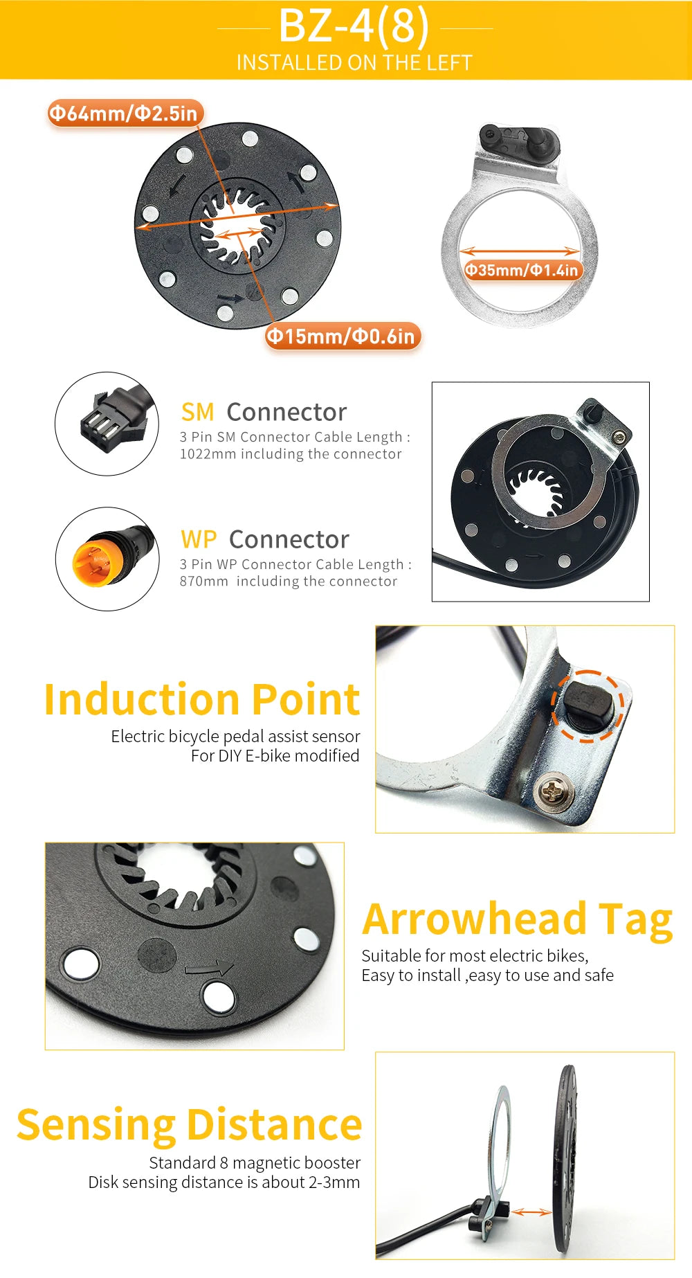 KT Ebike Pedal Assistant Sensor BZ-4 8 Magnet Ebike PAS Waterproof Plug For Electric Bicycle Conversion Kit