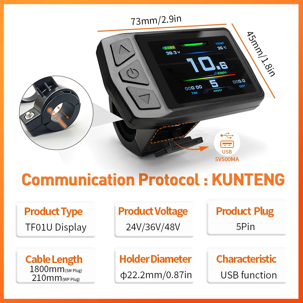 Ebike KT-TF01U(with USB) Display for Bike Conversion Kit Compatible Voltage 24V 36V 48V with 5 Pins Waterproof/SM Plug