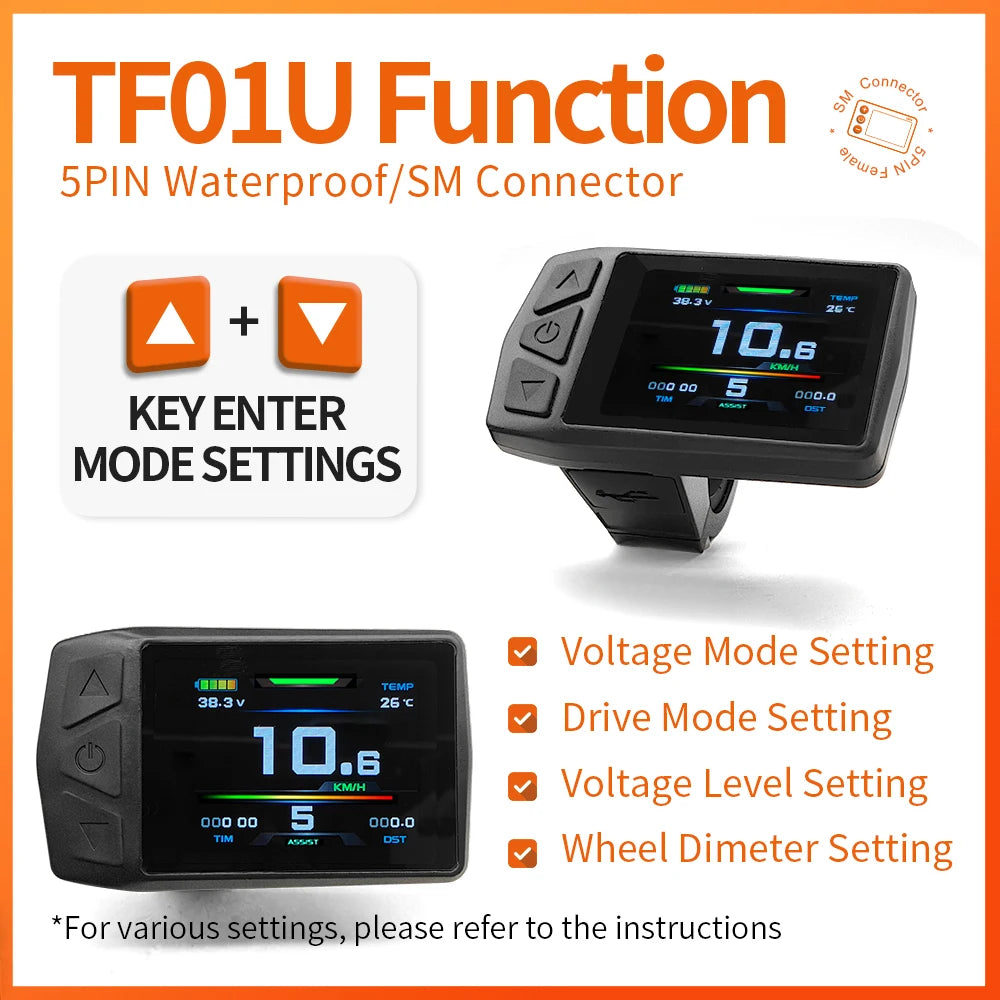 Ebike KT-TF01U(with USB) Display for Bike Conversion Kit Compatible Voltage 24V 36V 48V with 5 Pins Waterproof/SM Plug