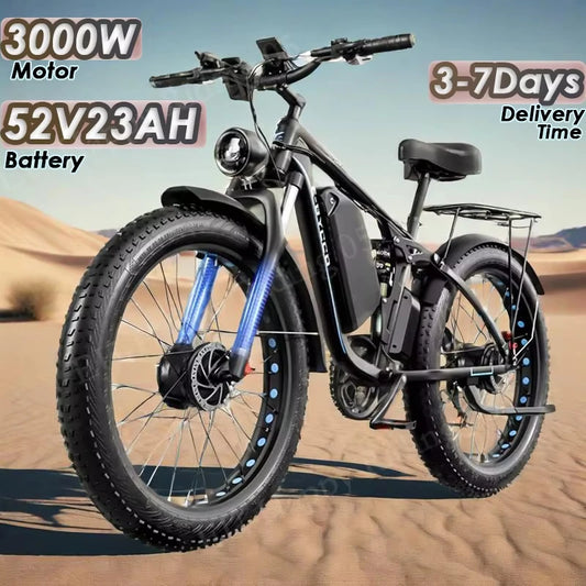 E-Bike E8Pro electric bicycle 3000W for adults 52V 23AH mountain cycle battery Ebike 26inch large tires with dual engine basket
