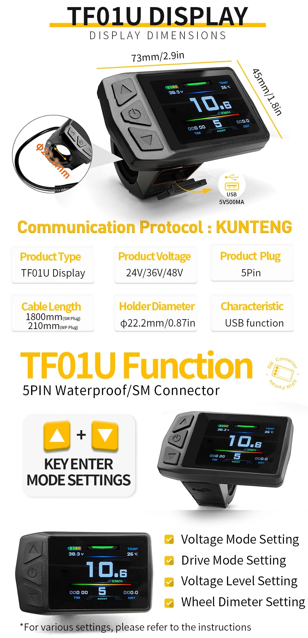 Ebike KT-TF01U(with USB) Display for Bike Conversion Kit Compatible Voltage 24V 36V 48V with 5 Pins Waterproof/SM Plug